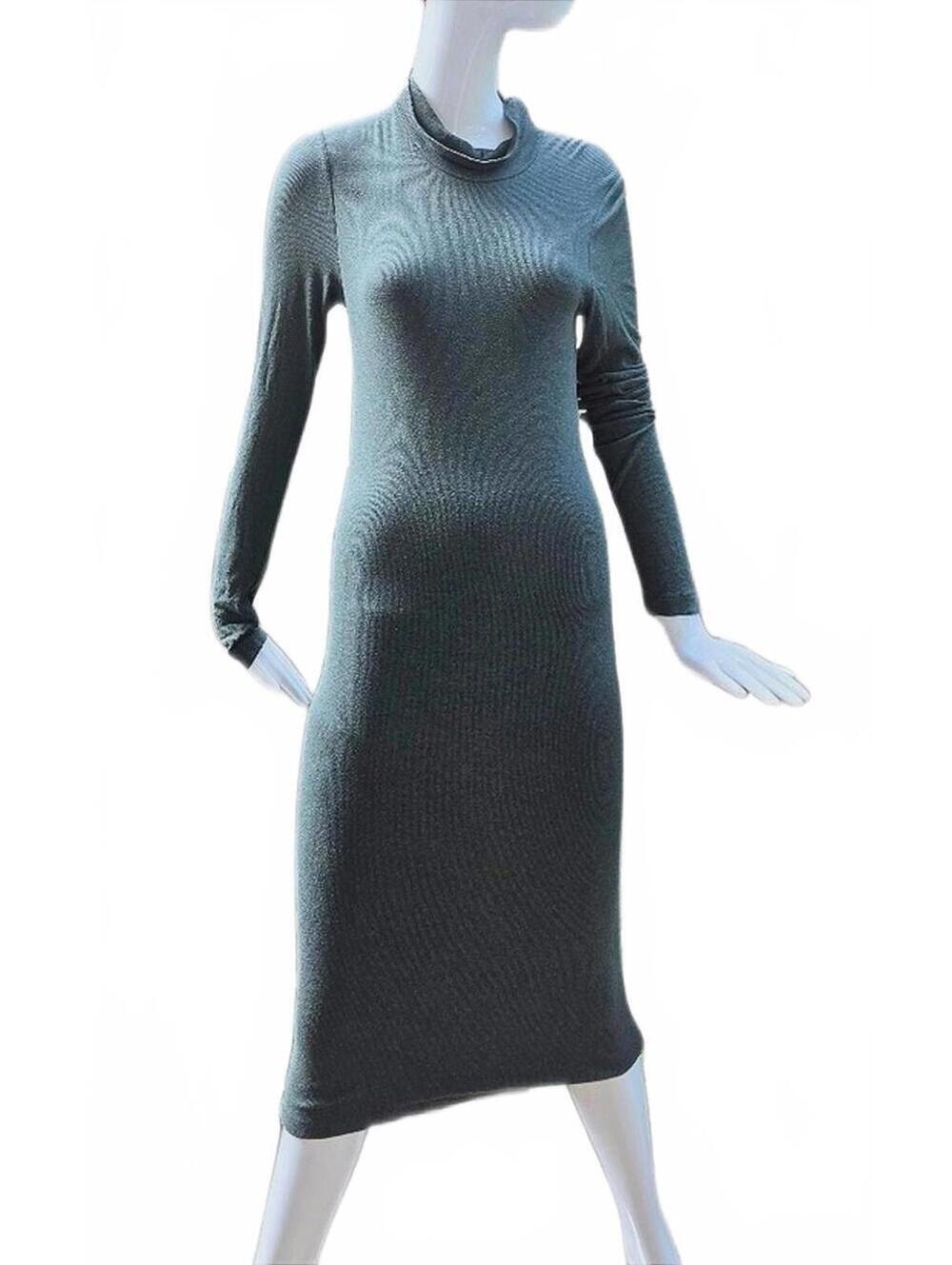 Wilfred Dark Green Bodycon Midi Stretch Knit Long Sleeve Column Dress,  Med.